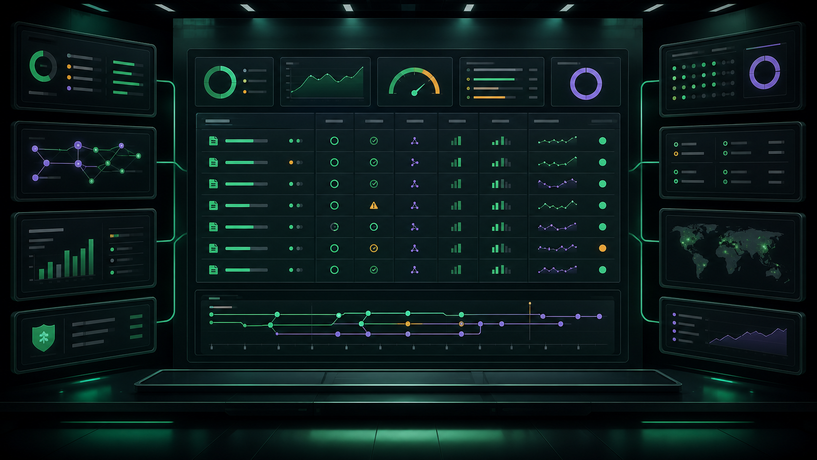 A control-room dashboard consolidating repository, CI, and pull request signals