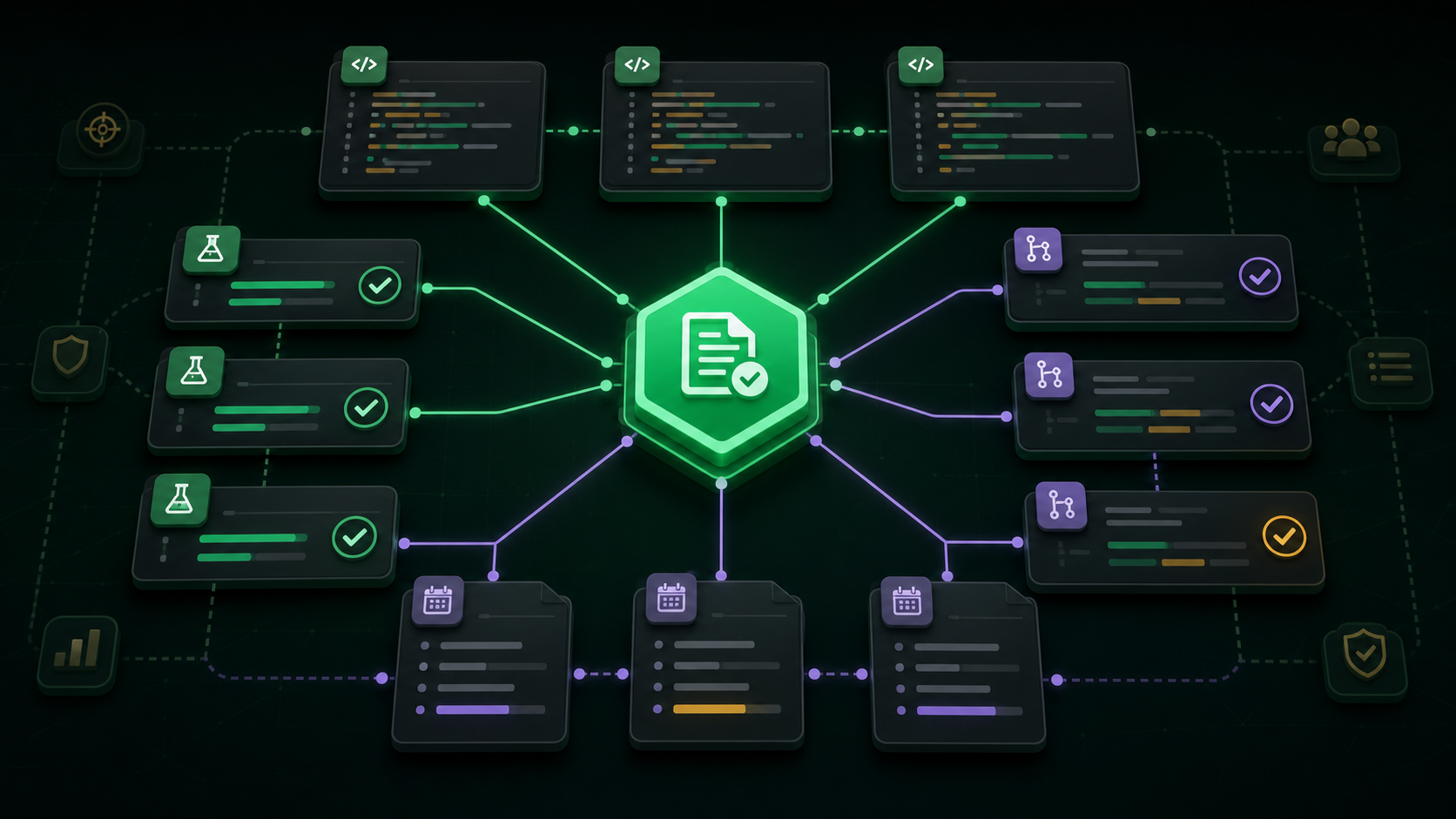 A central requirement node connected to code, tests, plans, and review evidence